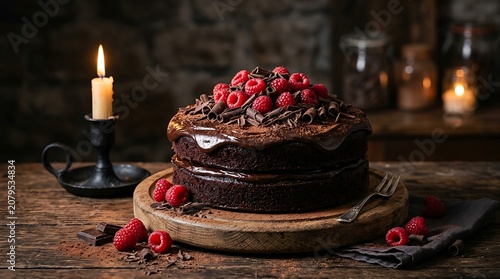 Chocolate raspberry layered cake with chocolate shavings on wooden board