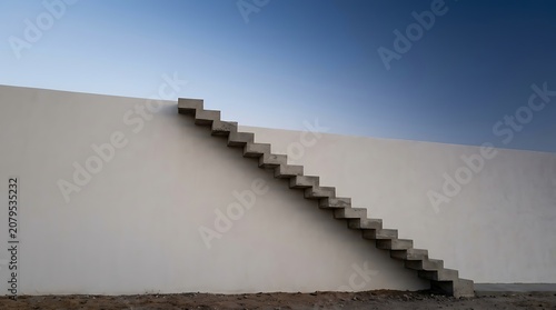 Minimalist white wall staircase leading upward into clear sky