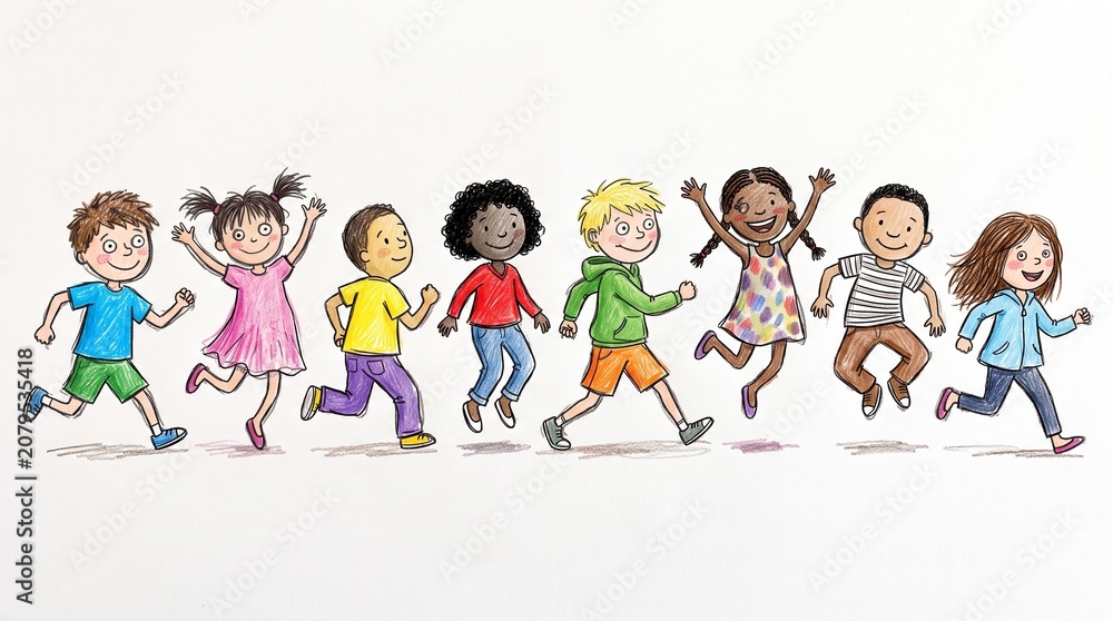 Fototapeta premium Hand Drawn Kids Pencil Drawing Happy People Lineup