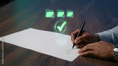 Person signing document with digital file verification icons floating above