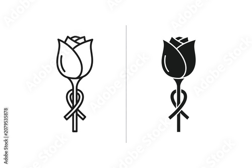 Rose with ribbon knot vector illustration, line art and silhouette