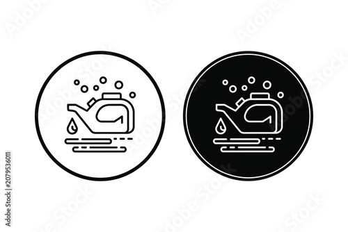 Oil can pouring liquid with bubbles, line art vector illustration