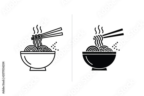Noodles in bowl with chopsticks, line art vector illustration
