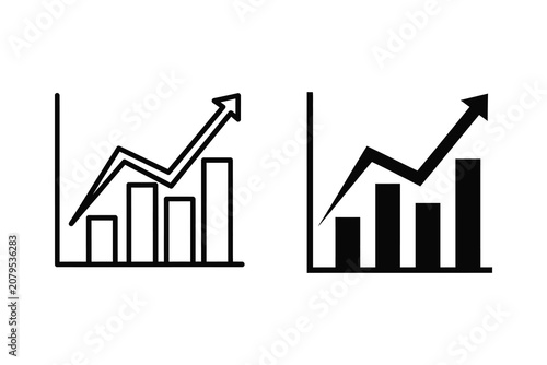 Bar chart with upward trending arrow, line illustration and flat vector