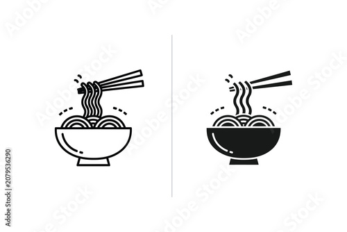 Noodles in bowl with chopsticks, line art vector illustration