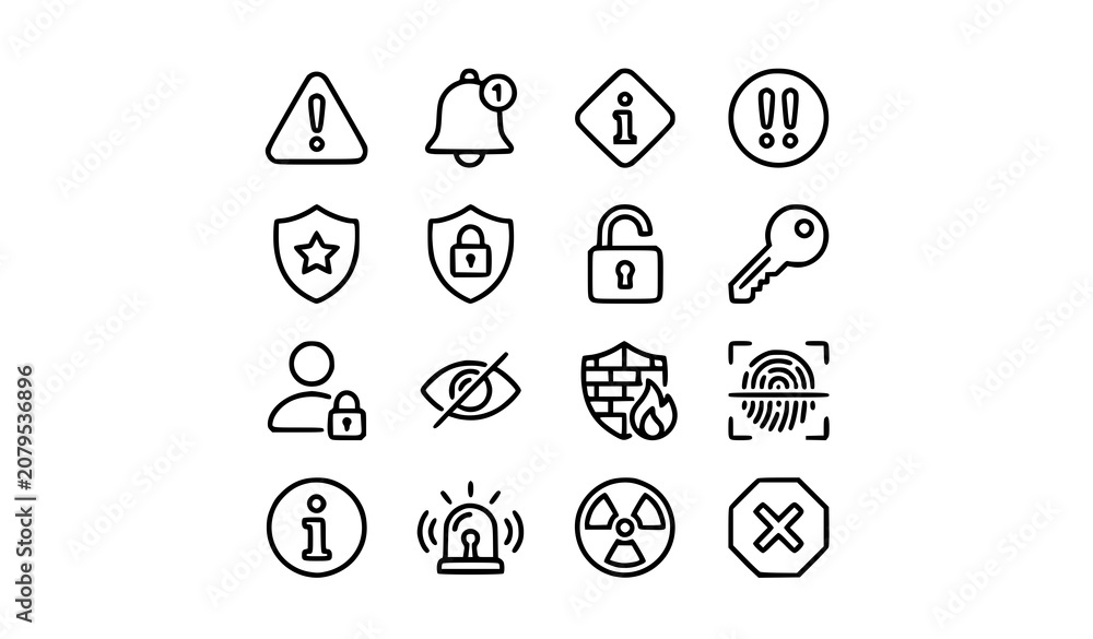 Fototapeta premium Security Warning and Alert Outline Icon Pack Vector Collection