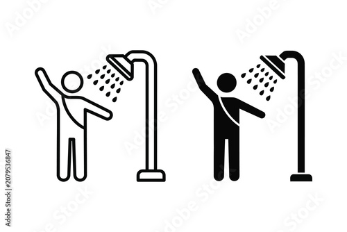 Person showering, line art and silhouette vector illustration