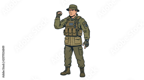 Schilderij op canvas Full-body illustration of a military man in green uniform and tactical gear with his fist raised in a powerful stance against a clean white background