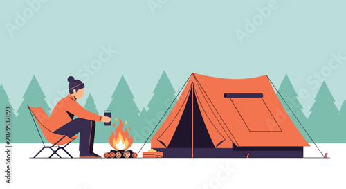 Active traveler sitting on a folding chair next to a campfire and a tent while camping in a peaceful pine forest.