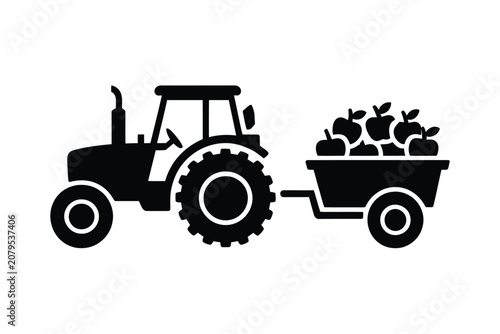 Black silhouette vector illustration of a farm tractor pulling a small trailer loaded with fresh harvested autumn fruit isolated on a clean white background for agricultural design