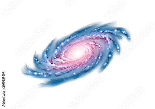 Stylized spiral galaxy illustration with pink and blue hues featuring a bright central core on transparent background astronomy