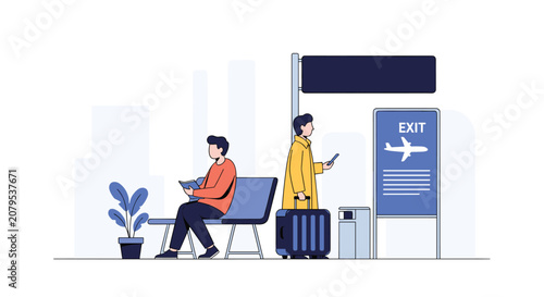 Travelers waiting at the airport terminal departure gate with one man sitting on a bench and another with a suitcase.