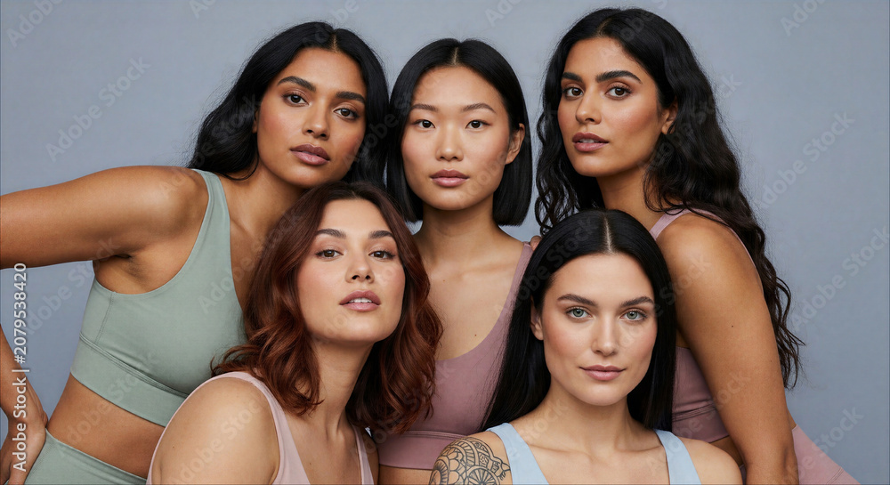Obraz premium Group of five diverse young women of different ethnicities posing in activewear against a grey background, showcasing natural beauty, skin inclusivity, and female empowerment.
