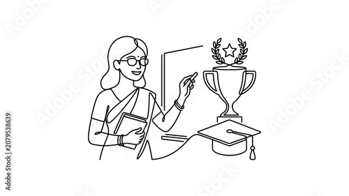 Woman wearing glasses holding book and trophy.