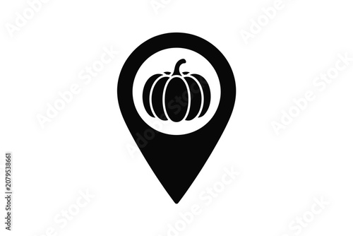 Minimalist black map pointer icon with a white circle displaying a black pumpkin silhouette representing autumn farm locations and Halloween pumpkin patch destination points on white background