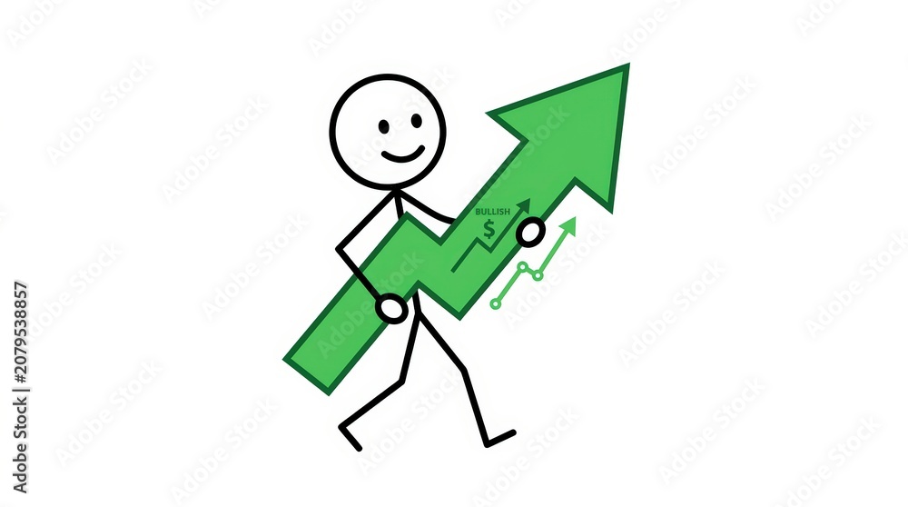 Fototapeta premium Business growth stick figure illustration, smiling character holding large green upward arrow, financial success and profit increase concept