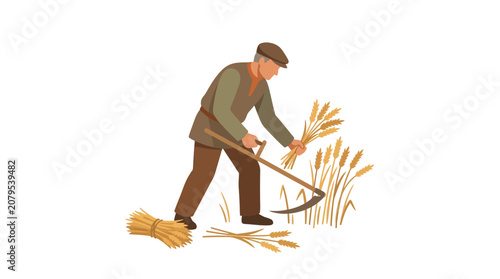 Farmer Harvesting Wheat with Scythe - Rural Agricultural Scene