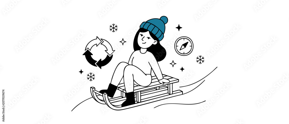 Obraz premium Winter sledding girl line art illustration of happy young woman on wooden sled with compass and recycle icons, representing eco-friendly seasonal sports, outdoor adventure, and sustainable tourism.