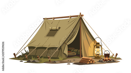 Vintage Canvas Tent Camp Scene with Lantern and Campfire - Outdoor Adventure