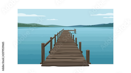 Wooden Pier Extending into a Calm Blue Lake with Distant Green Hills