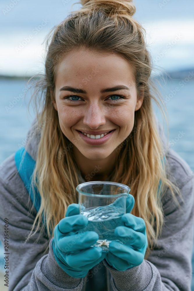 Fototapeta premium Young ocean research assistant holding water sample jar on pier