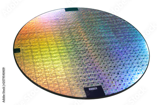 Iridescent semiconductor wafer with visible microchip grid