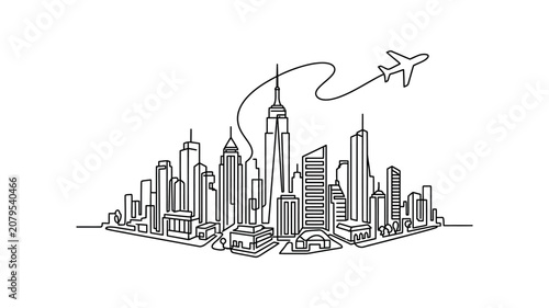 City Skyline with Airplane Flying Over.