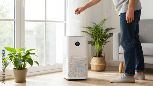 Clean Air for Home: A person stands beside a modern air purifier in a well-lit room with houseplants, demonstrating a commitment to a healthy indoor environment and fresh breathing.