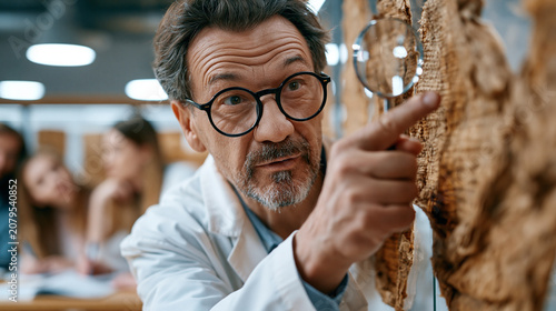 Egyptology professor pointing to a newly translated hieroglyphic inscription inside a museum study gallery, magnifying glass in hand, papyrus fragments mounted under protective glazing, graduate stu