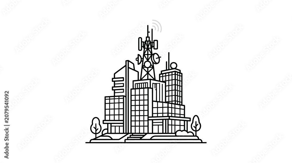 Obraz premium Urban Communication Network Hub with Signal Transmission Tower