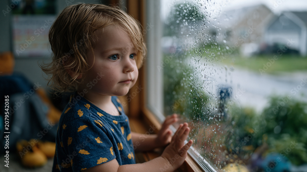 Fototapeta premium Military family separation depicted through child pressing handmade crayon drawing against living room window during rainstorm, parent deployment calendar on wall with days crossed off, backpack and