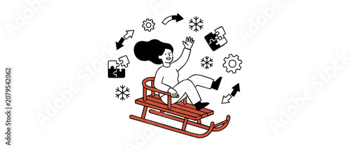 Foto Woman riding winter sled illustration with gears and puzzle icons representing problem solving, business strategy, process management, and planning decision concept in clean line art vector style