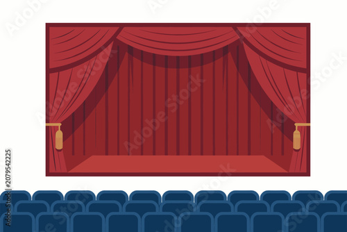 Empty red theater stage with curtains and blue audience seats illustration
