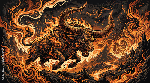 Fierce Fire Bull Vector Illustration With Abstract Swirling Flame Patterns