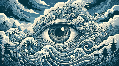 Surreal Eye and Stormy Ocean Waves Vector Illustration Artistic Background