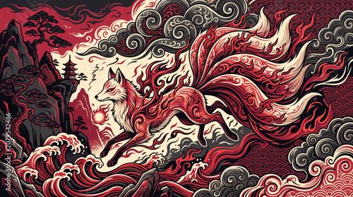 Japanese Mythical Kitsune Fox Vector Illustration on Red and Black Background