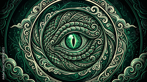 Green Mystical Dragon Eye Vector Illustration with Ornate Swirl Patterns