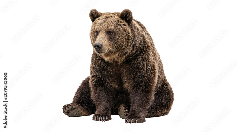 Fototapeta premium Large brown grizzly bear sitting on ground wild animal creature isolated on transparent background png high quality nature photography cutout image.