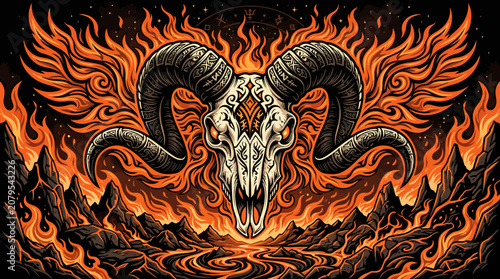 Fiery Ram Skull Vector Illustration of Ancient Mystic Spirit Symbol Art