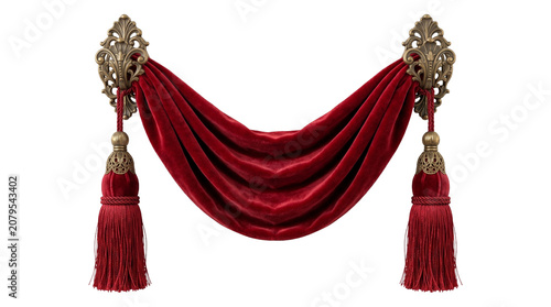 Rich red velvet drapery with ornate brass hardware and tassels, elegant decorative curtain swathe, luxurious fabric wall hanging, royal theatrical.