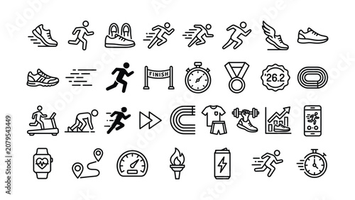 Running and fitness line icon set various sports symbols