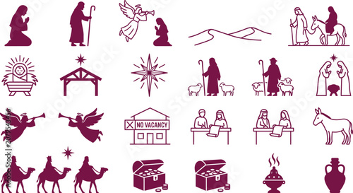 Fotografía Nativity scene icons in purple silhouette on white background