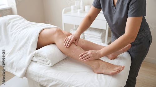 Professional lymphatic drainage massage for the legs at a modern spa, manual calf massage performed by a physical therapist, wellness therapy.  AI generated.