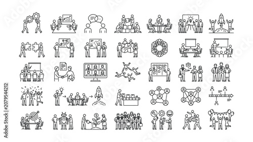 Business icons set for teamwork collaboration communication and management concepts  Line style business people working together to achieve goals and success