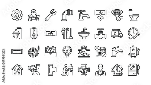 Plumbing and bathroom elements , tools Line icons set .eps
