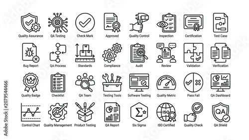 Quality assurance icons set including testing and validation symbols  a collection of black line style .eps