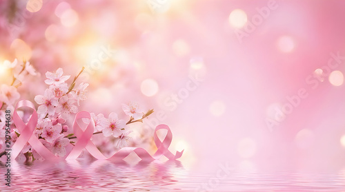 Pink ribbons reflect on water surface, surrounded by delicate cherry blossoms and soft bokeh lights, representing breast cancer awareness.