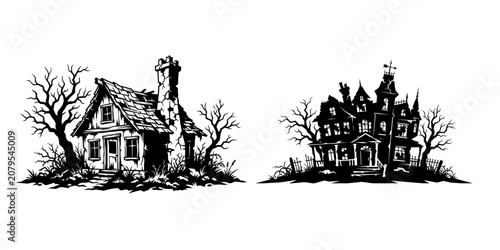 Haunted houses and trees silhouette