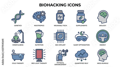 Collection of Biohacking and Health Optimization Concept Vector Icons