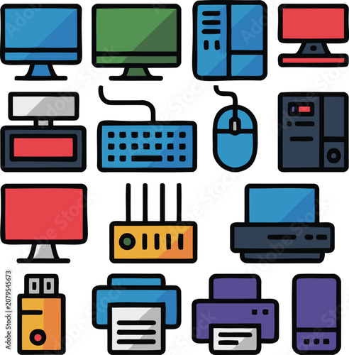 Computer Monitor and Office Device Icon Set with Colorful Flat Design